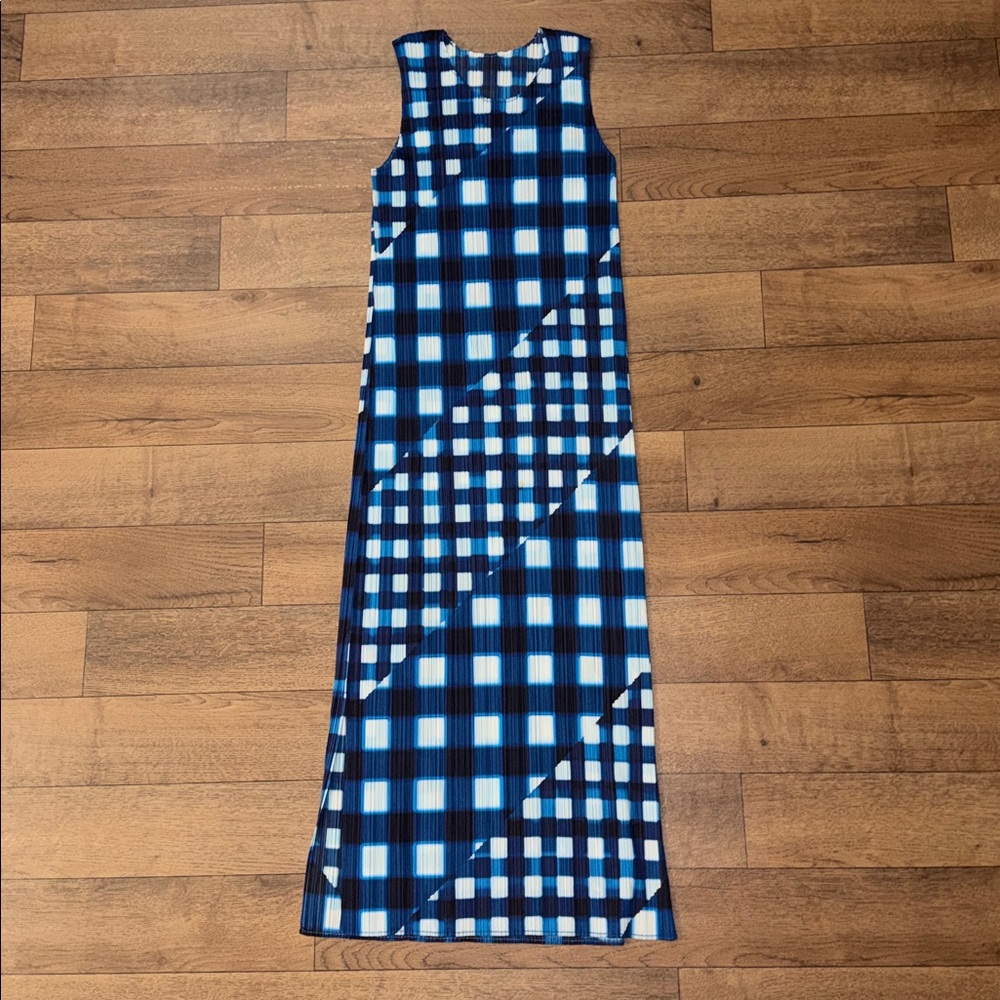 Pleats Please By Issey Miyake NO SIZE Micro Gingham Tank Dress In Blue Old Money